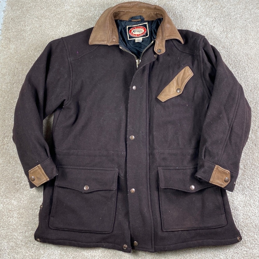 Australian Outback Collection‎ Mens Wool Leather Trim Field Jacket Brown Small
